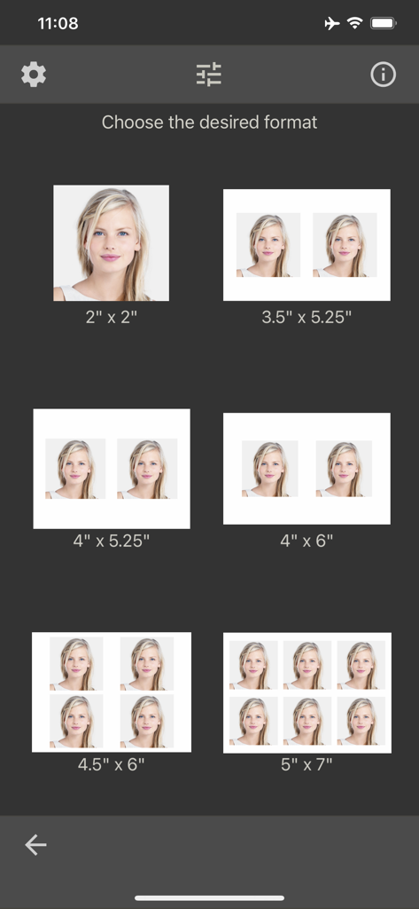 Tela de menu mostrando vários tamanhos de papel de impressão e layouts para fotos de passaporte e identidade