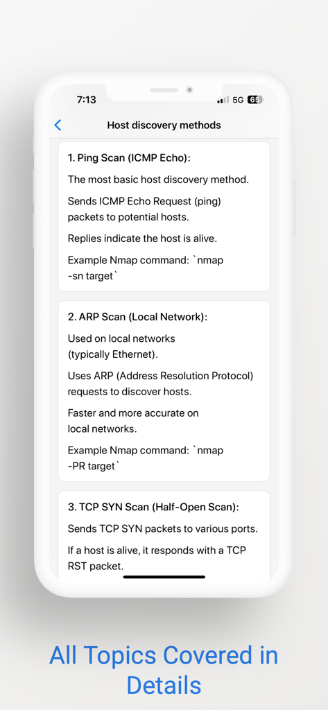 Nmap Guide - A screenshot of the Nmap Guide app showing detailed explanations of host discovery methods including Ping Scan and ARP Scan