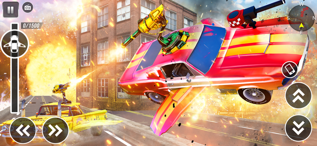 Flying Car: Robot Car Games - Jugabilidad llena de acción que muestra un coche volador con un arma montada y una gran explosión en un entorno urbano.