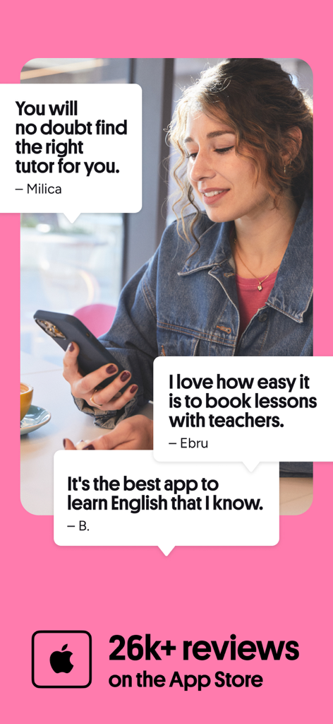 Una donna che utilizza l'app Preply con fumetti che mostrano testimonianze positive degli studenti e il conteggio delle recensioni sull'App Store.