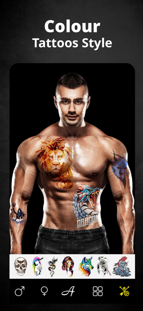 A man with diverse colorful tattoos on his body using the Tattoo Maker Design Editor app