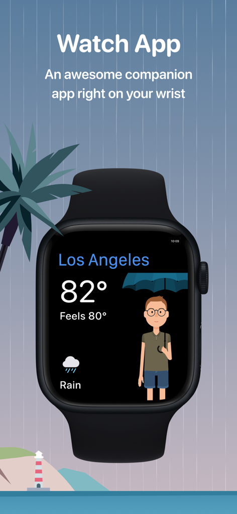 Weather Fit app on an Apple Watch showing a rain forecast and a character holding an umbrella