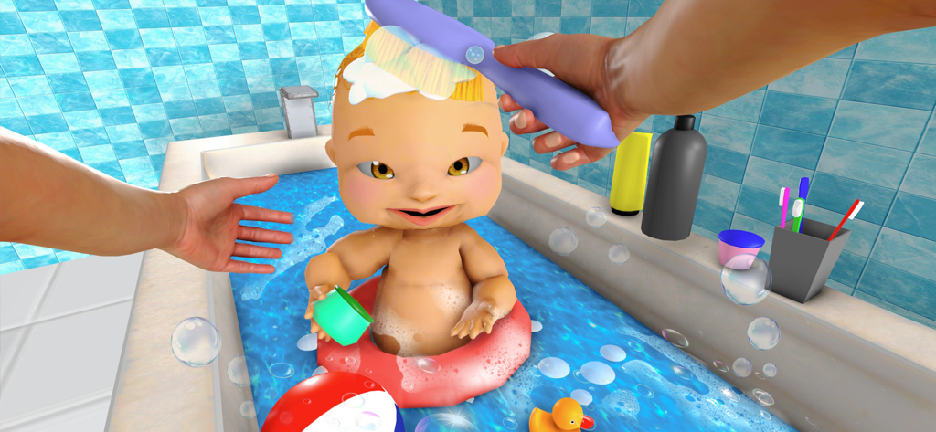 Mother Life Simulator Games - Una mano lavando a un bebé virtual en una bañera con burbujas y juguetes en un juego de simulación 3D