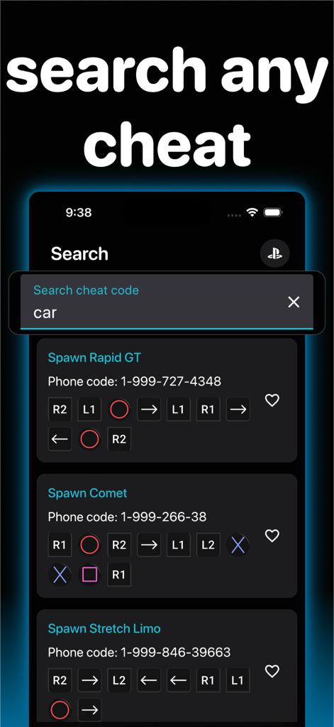 Cheat Codes for GTA Cheats Pro - A mobile app screen showing the search functionality for GTA cheat codes with results for vehicle spawn codes.