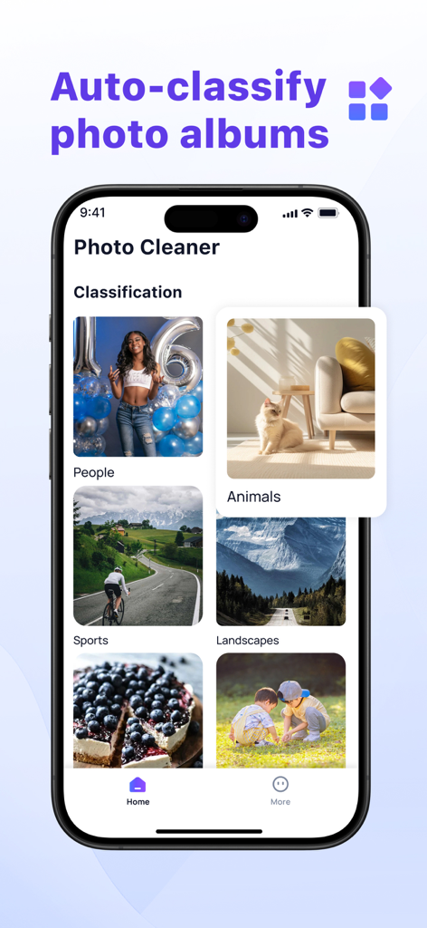 Photo Clean up:phone cleaner - Écran de smartphone montrant la fonction de classification automatique de l'application Nettoyage Photo avec des dossiers pour les personnes, les animaux, les sports et les paysages.