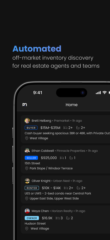 Écran d'accueil de l'application mobile Premarket montrant un flux privé d'annonces immobilières hors marché pour les acheteurs et les vendeurs.
