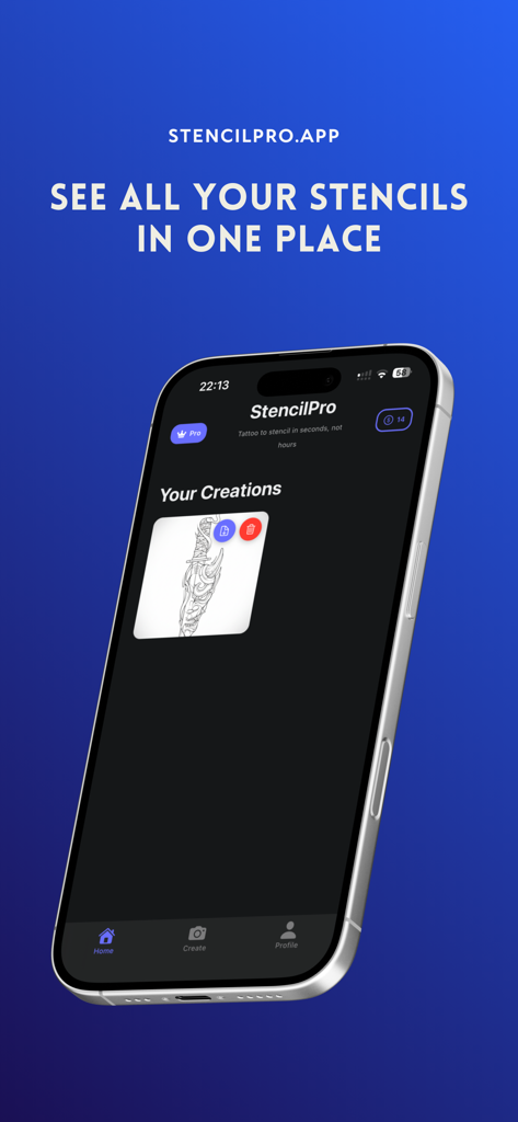 「作成した作品」ギャラリーに保存されたタトゥーステンシルのコレクションを示すStencilProアプリの画面。