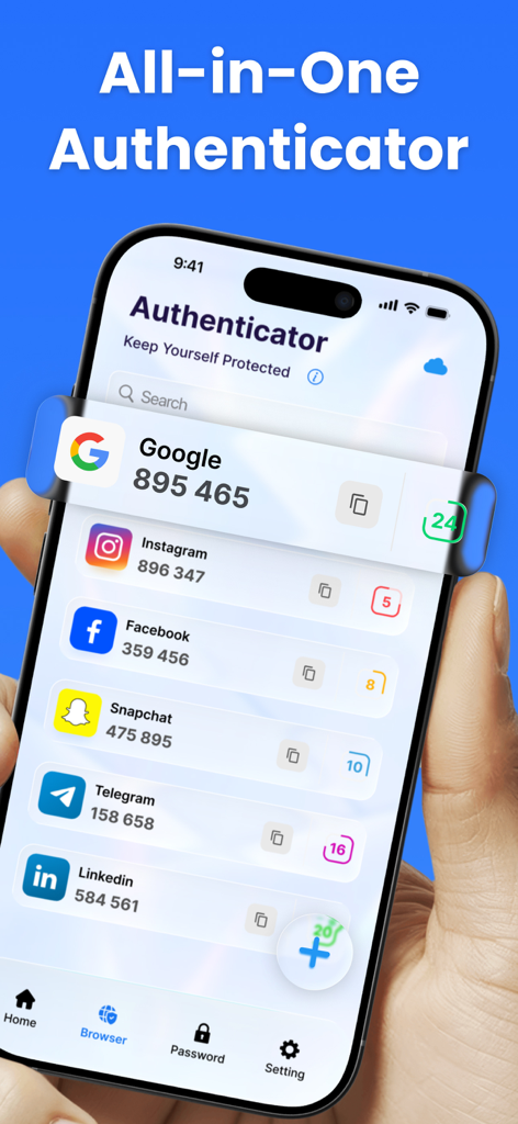 Two Factor Authentication App・ - GoogleやInstagramを含むさまざまなサービス向けの2FAコードが表示された、オールインワン認証アプリのインターフェースを表示するスマートフォンの画面。