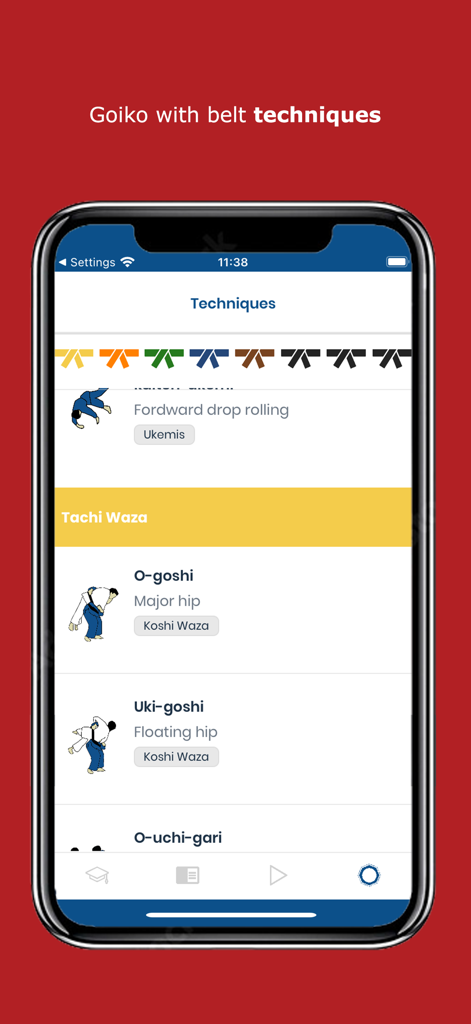 Judo Timer Gokyo - A mobile interface from the Judo Timer Gokyo app showing a list of judo techniques categorized by belt colors and technical groups like Tachi Waza.