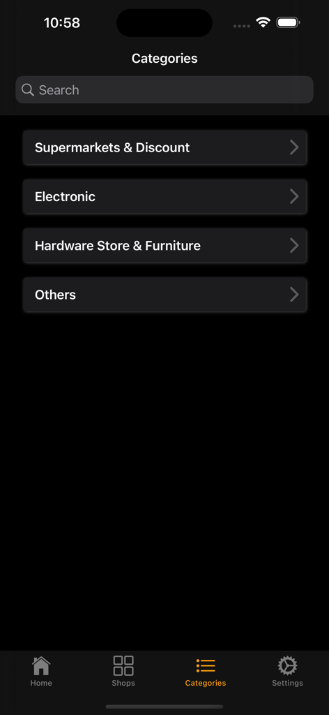 All Flyers (Canada) - Categories view of the All Flyers Canada app showing retail sections for supermarkets electronics and hardware stores
