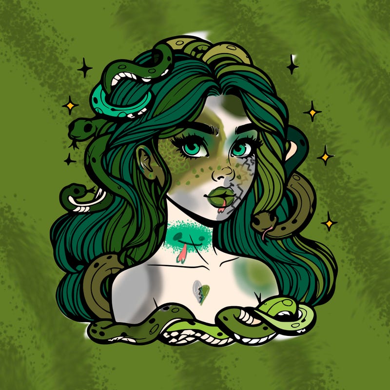 realistic girl with snakes as hair