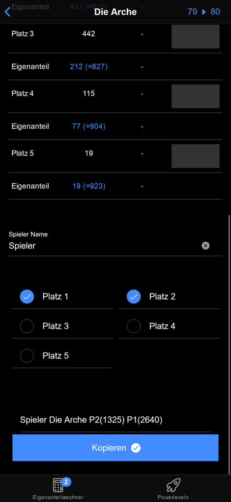 FoE Rechner App-Oberfläche, die Beitragsberechnungen für das Große Gebäude der Arche zeigt