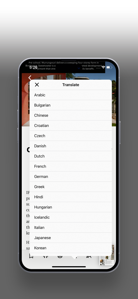 Belle Magazine Australia - Translate menu overlay in Belle Magazine app showing multiple language options.
