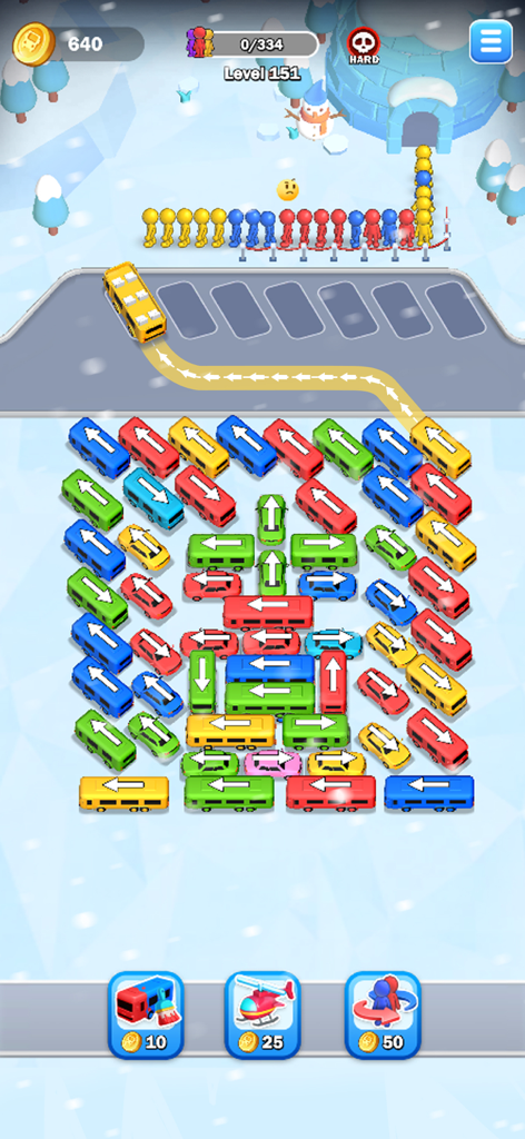 Car Jam 3D: Bus parking Master - Gameplay of Car Jam 3D featuring a color-coded bus parking puzzle in a winter-themed level.
