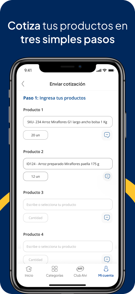 Club Alvi - Interface of the Club Alvi app showing a product quotation form for small business owners.