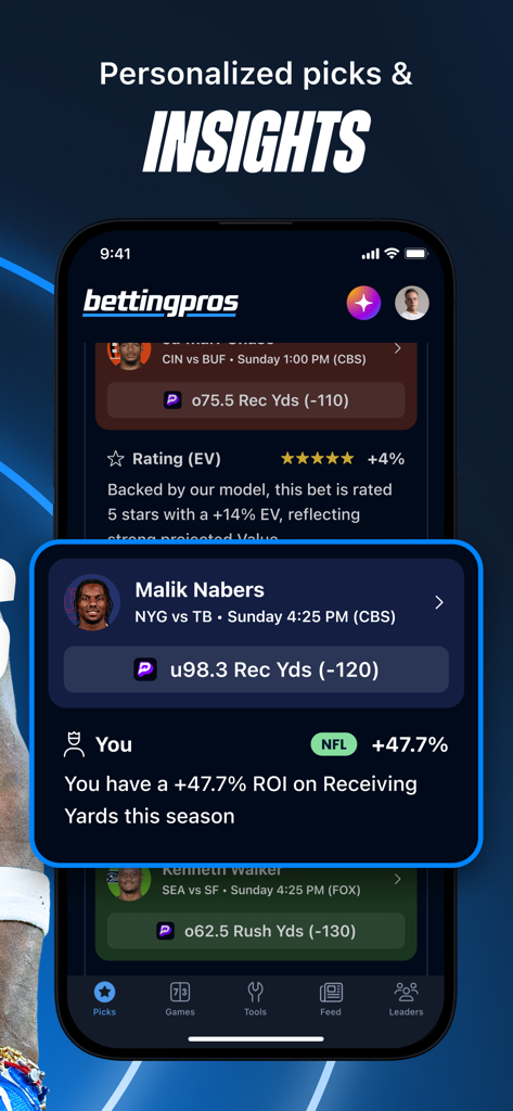 BettingPros: Sports Betting - BettingPros app interface featuring personalized betting picks and ROI performance tracking