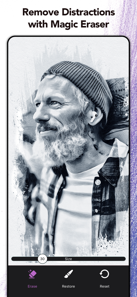 A digital charcoal sketch of a man being edited with the Magic Eraser tool in the Graphite app.