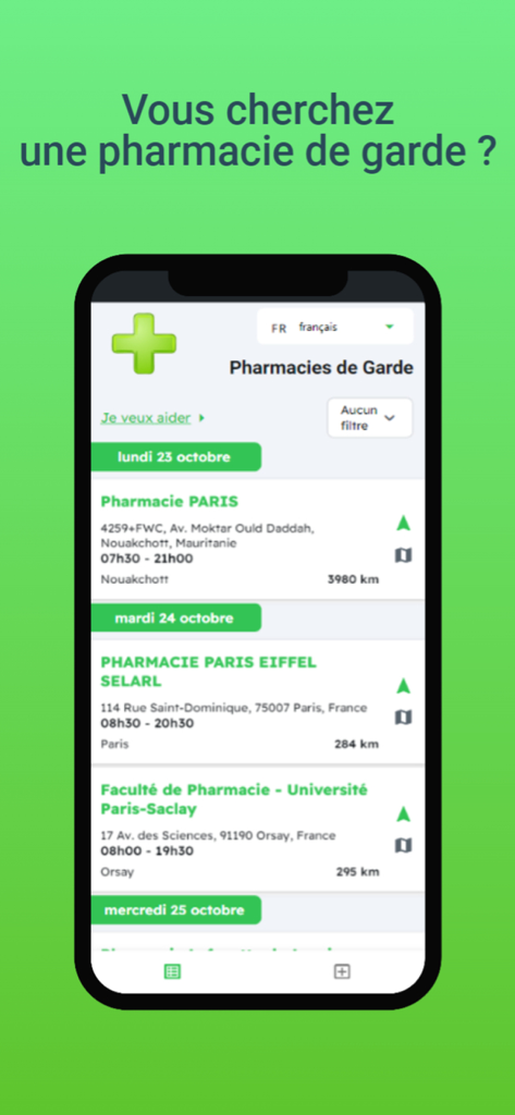 Mobile app interface showing a list of on-call pharmacies in France with addresses and opening hours