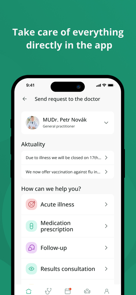 Medevio - Medevio app screen for sending requests to a doctor showing options for prescriptions and consultations
