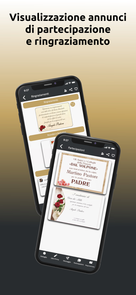 Solimano Funeral - Two smartphones displaying death notices and thank you cards within the Solimano Funeral app interface
