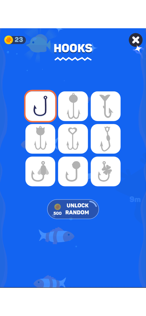 A menu screen in the Tiny Fishing app showing various fishing hook designs and an unlock button.