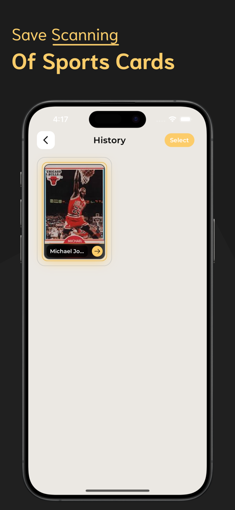 Sports Card Scanner - SC - The history screen of the Sports Card Scanner app showing a digital scan of a Michael Jordan basketball card.