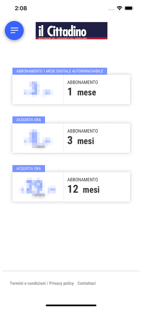 La aplicación Il Cittadino di Lodi mostrando opciones de suscripción mensual y anual