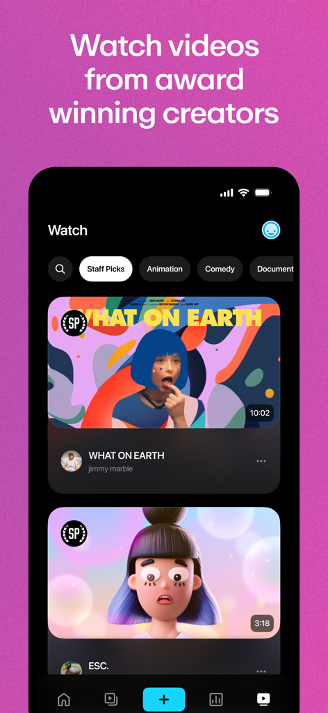 Die Benutzeroberfläche der Vimeo-App zeigt hochwertige Videos und Kategorien wie 'Staff Picks'.