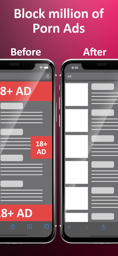 Anti-Porn - Adult Porn Blocker - Comparison showing a smartphone screen before and after blocking adult ads