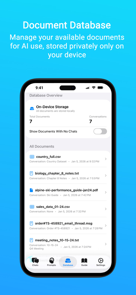 Private AI: Document Chat - Private AI app screen displaying a list of documents stored locally on the device for secure and private AI interaction.