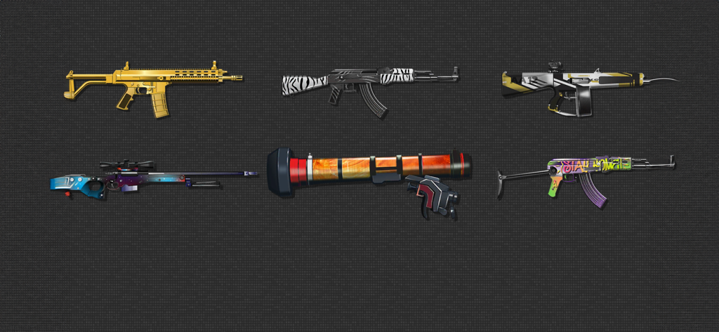 A collection of high definition weapon models and skins including assault rifles and a rocket launcher in the Gun Sounds simulator app