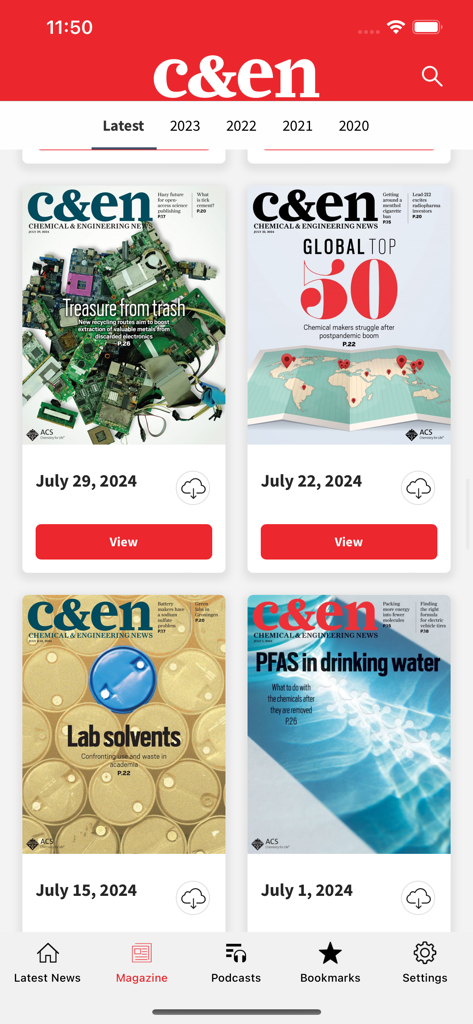 Chemistry News by CEN app interface showing the magazine tab with weekly issues from July 2024 and download options for offline reading.
