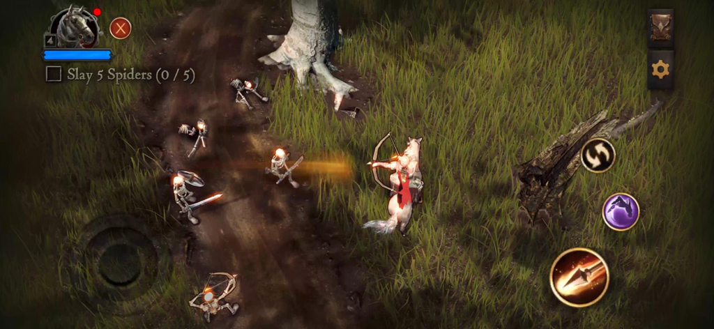 Shadowborn - A character on horseback using a bow to fight skeletons in Shadowborn