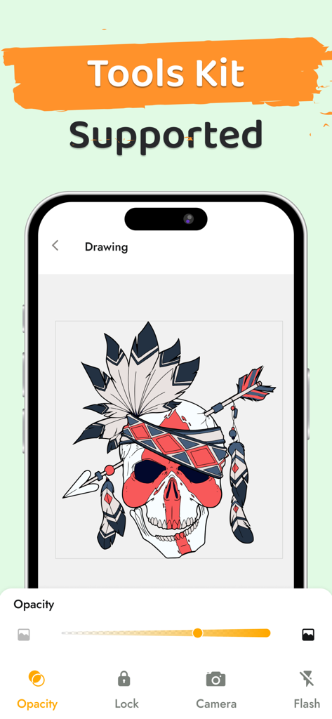 AR Drawing app interface showing a skull illustration with an opacity slider and drawing tools