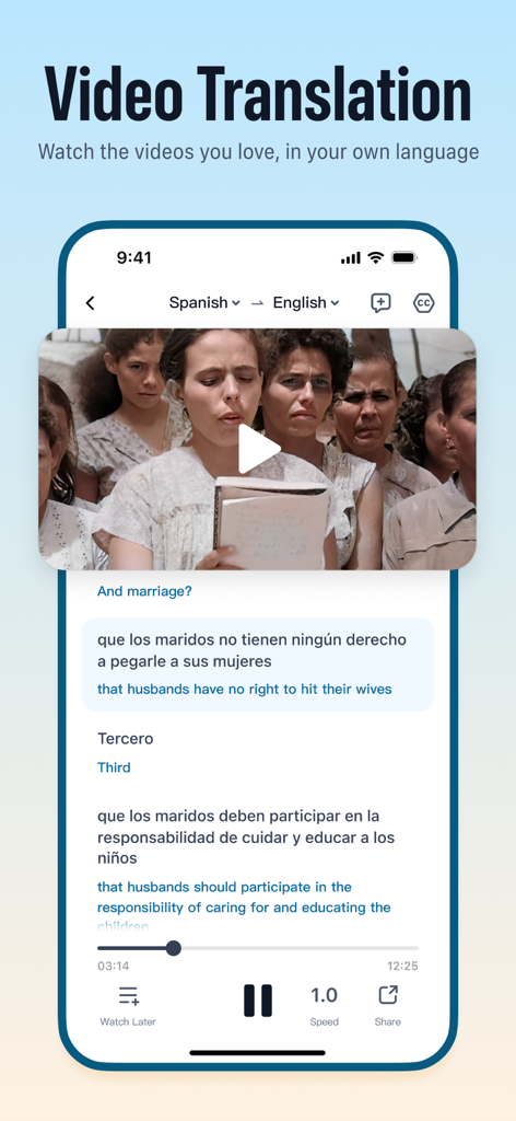 Mobile app screen showing TransGull translating a Spanish video into English with bilingual subtitles