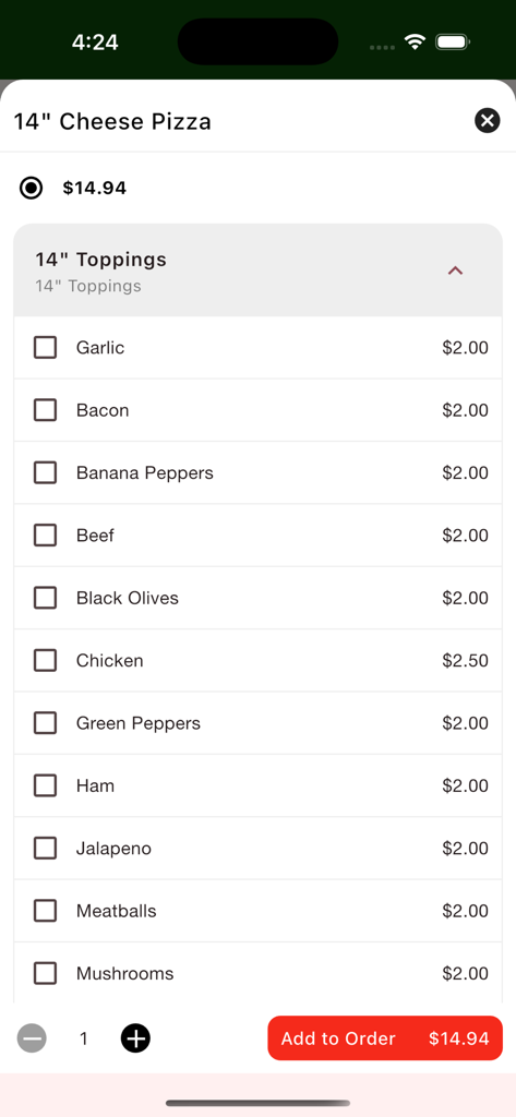 Alberto's Pizza Shop app screen for customizing a 14 inch cheese pizza with a list of toppings and prices