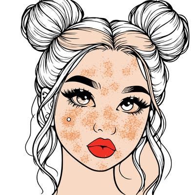 realistic girl with two buns on her hair and lips