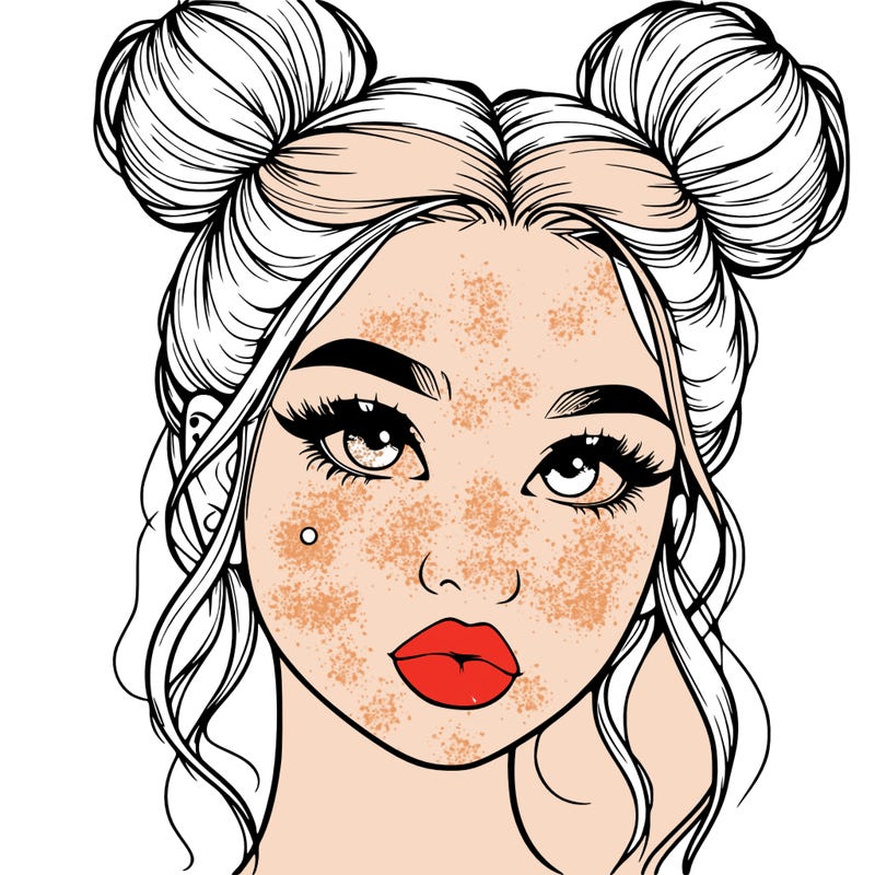realistic girl with two buns on her hair and lips