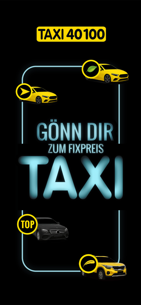 Taxi 40100 zum Fixpreis fahren - Taxi 40100 mobile App Bildschirm, der verschiedene Taxi-Optionen zeigt, darunter grüne und Premium-Fahrzeuge mit einer Festpreisgarantie.