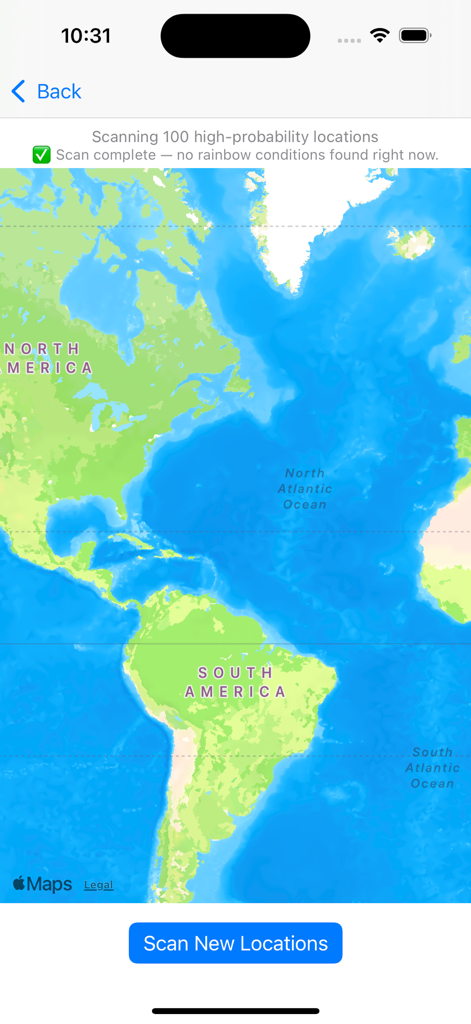 Rainbow Predictor - Map interface in the Rainbow Predictor app showing a completed scan for rainbow conditions
