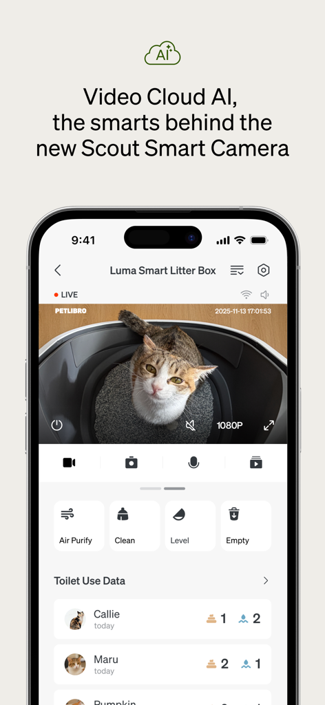 Petlibroアプリのインターフェース。スマートリッターボックスのライブビデオ監視と使用状況データが表示されています。