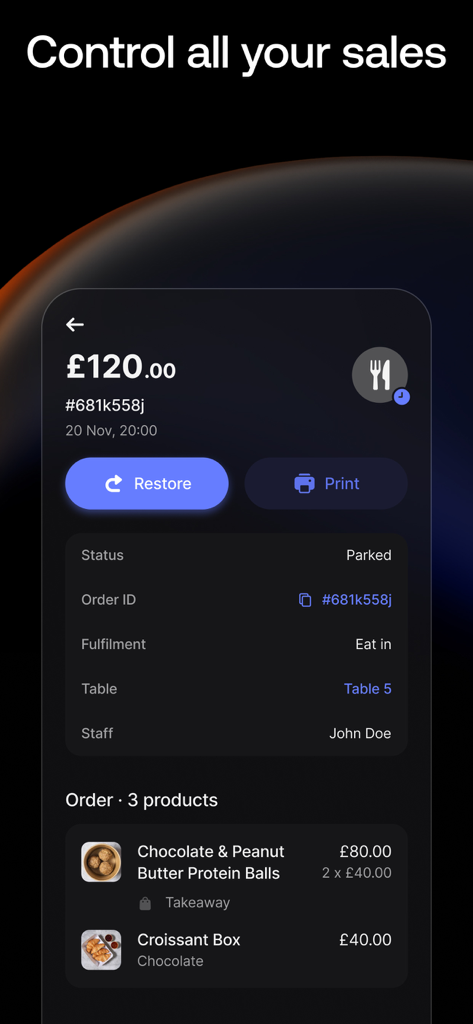 Revolut POS - Revolut POS app screenshot showing a detailed customer order with itemized products and table information.