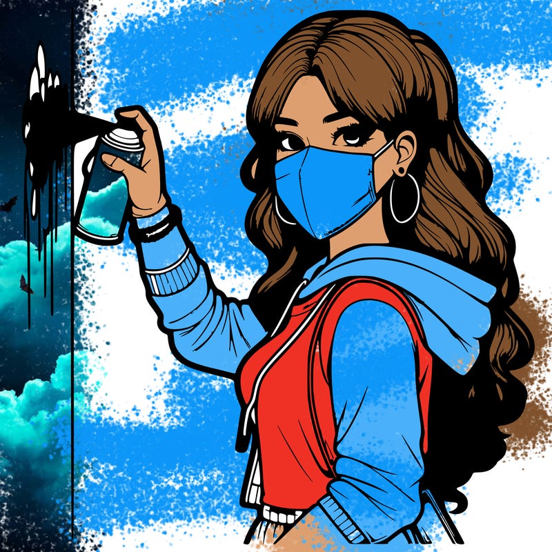 realistic girl with mask spray painting a wall
