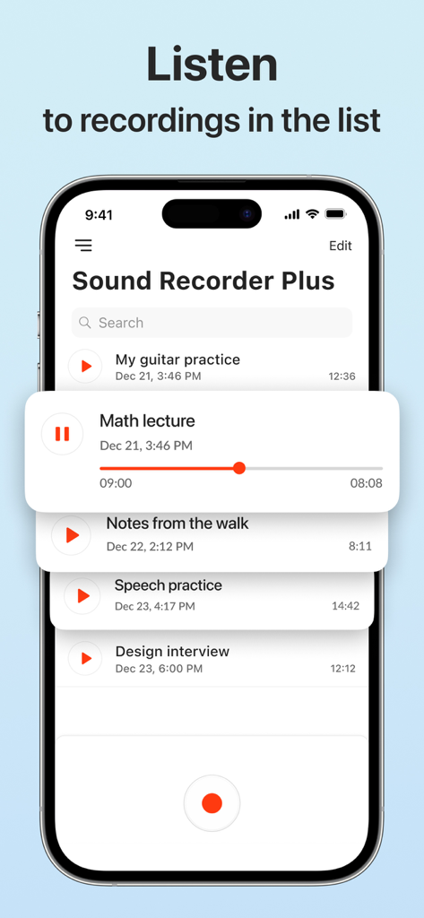 Voice Recorder - Dictaphone - A smartphone screen displaying a list of audio recordings in the Sound Recorder Plus app, featuring a mini-player for a math lecture recording.