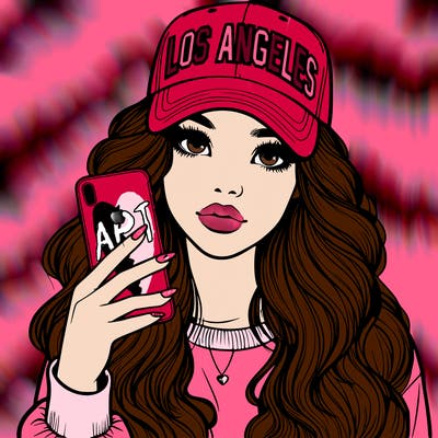 realistic beautiful girl wearing los ángeles cap holding an iphone