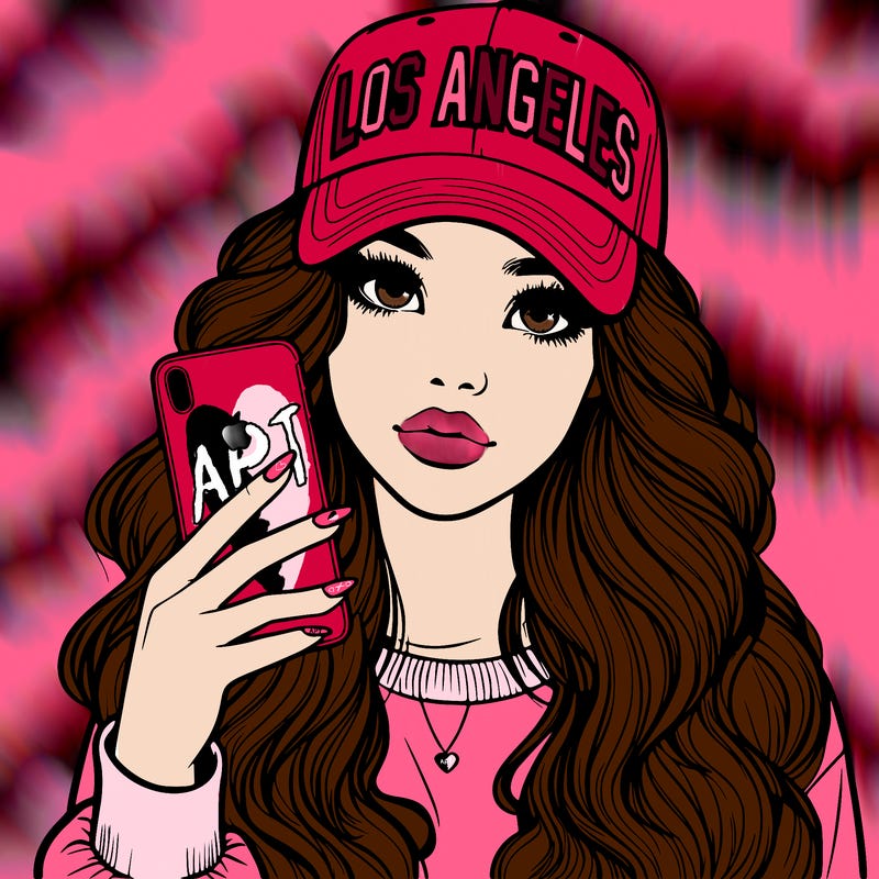 realistic beautiful girl wearing los ángeles cap holding an iphone