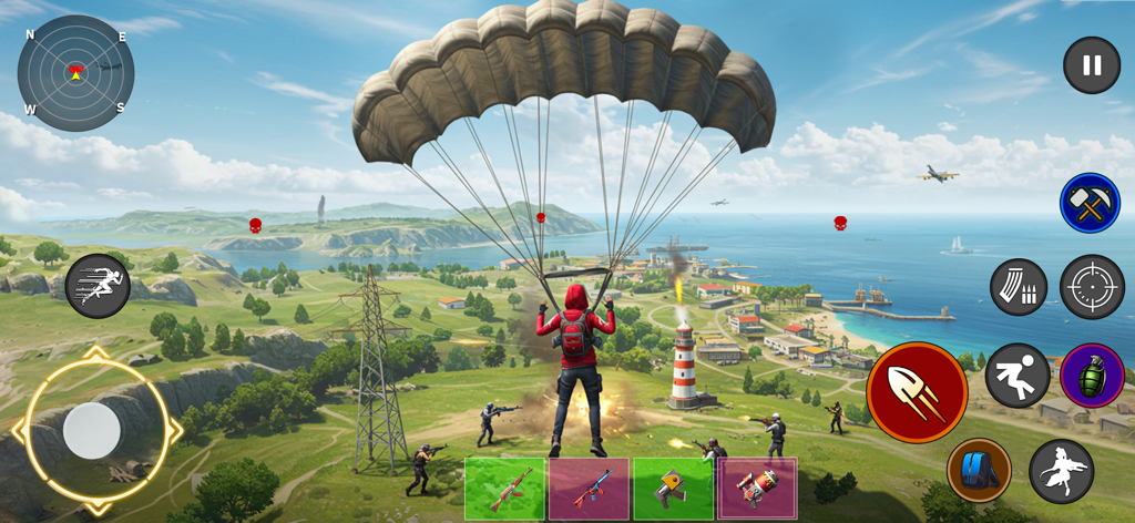 Cover Fire Max Battlegrounds - Un personaje con chaqueta roja saltando en paracaídas sobre una isla costera en Cover Fire Max Battlegrounds