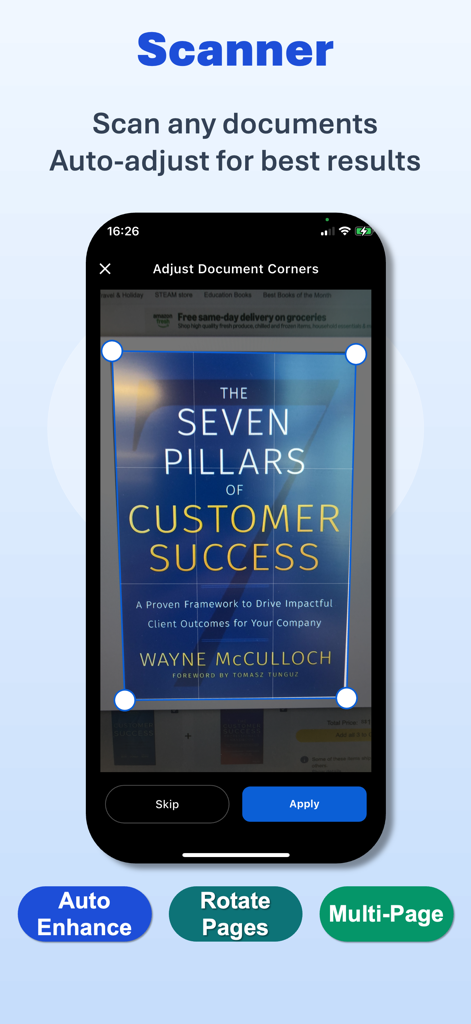 PDF Maker: Scanner & Converter - Pantalla móvil mostrando la herramienta de escaneo de documentos con ajuste de esquinas en la portada de un libro