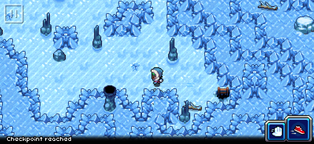 Top down view of a character exploring a frozen glacial cavern in the Coromon pixel art game