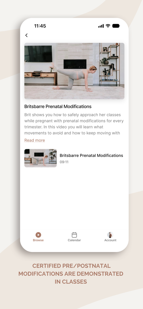 Barre | Britsbarre Studio - A woman performing a prenatal barre exercise in the Britsbarre app interface.
